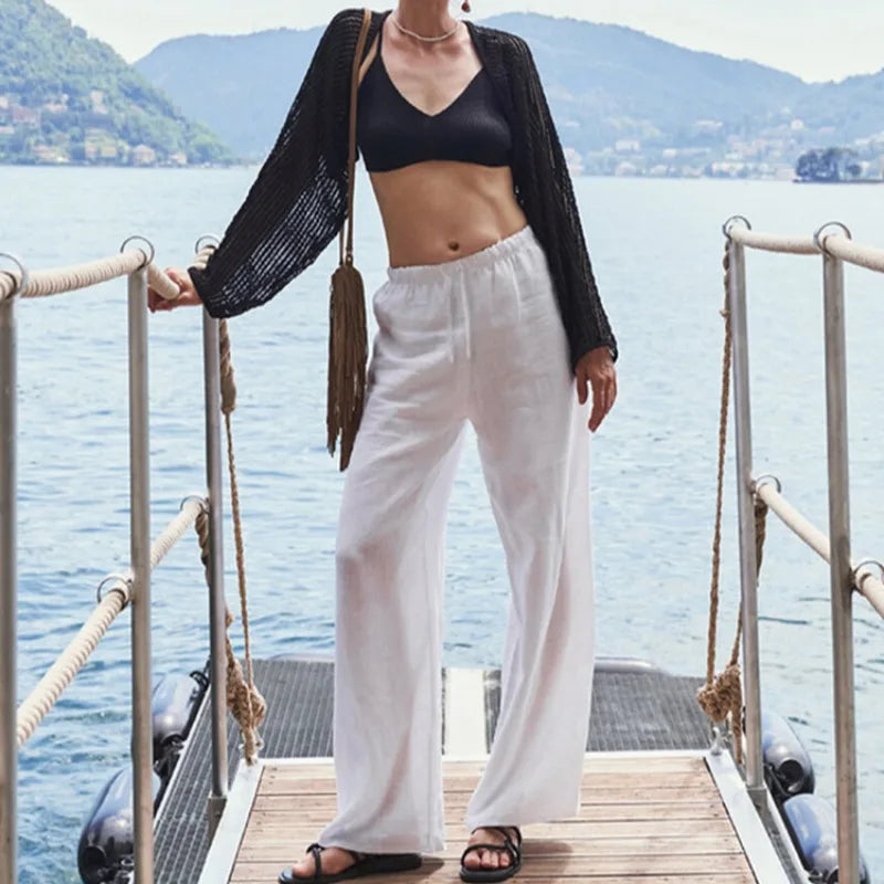 Women's Linen-Viscose Loose Straight-Leg Full-Length Pants with Drawstring Waist and Side Pockets