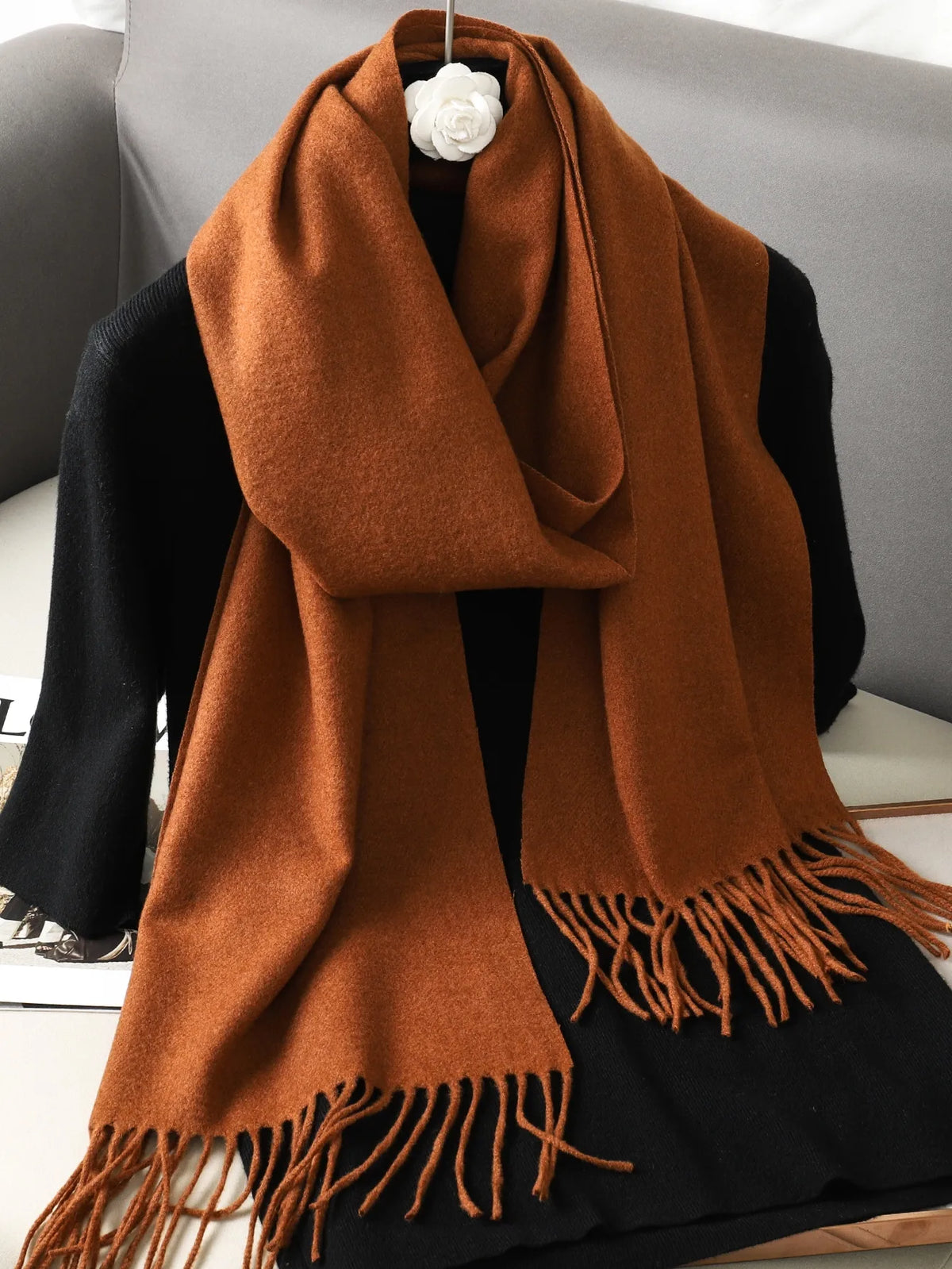 Solid Long Rectangular Scarf with Decorative Fringe Trim