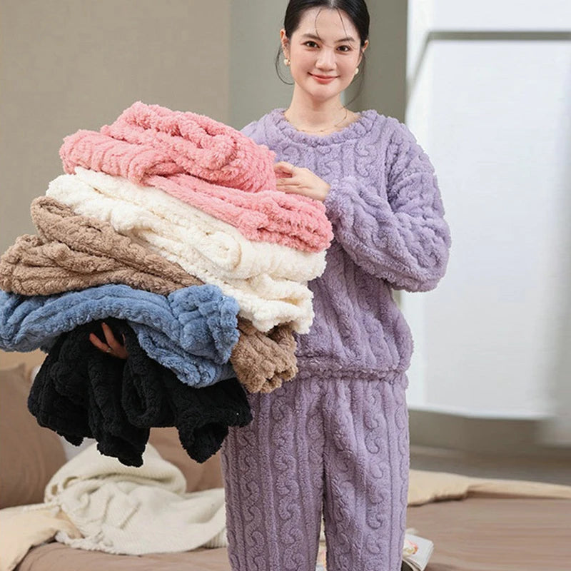 Women's Cable Texture Long Sleeve Pajama Set with Top and Pants