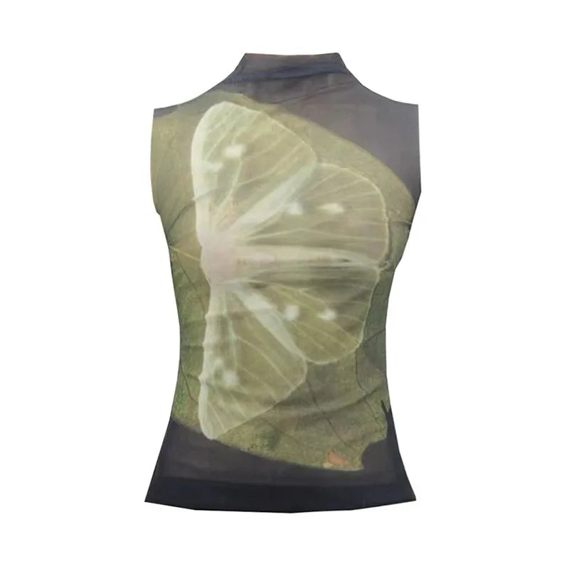 Women's Abstract Print Cotton Blend Mesh Tank Top with High Neck