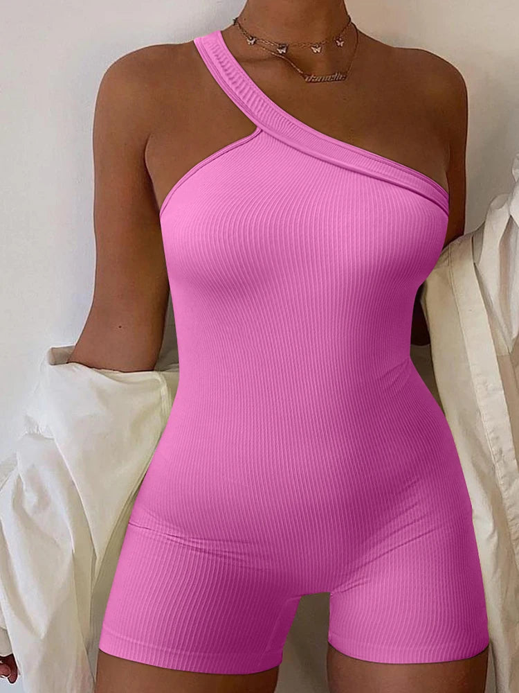 Women's One Shoulder Ribbed Nylon Blend Romper with Fitted Short Legs