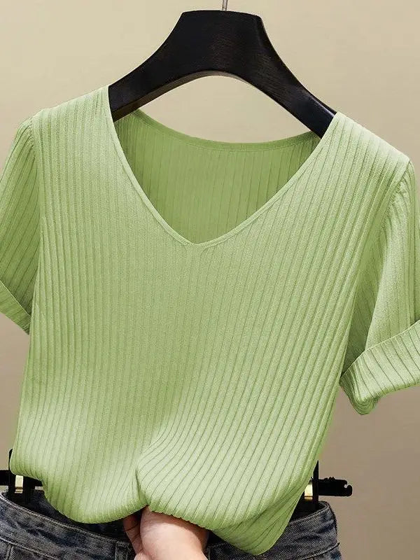Women's V Neck Short Sleeve Sweater Casual Knit Layer