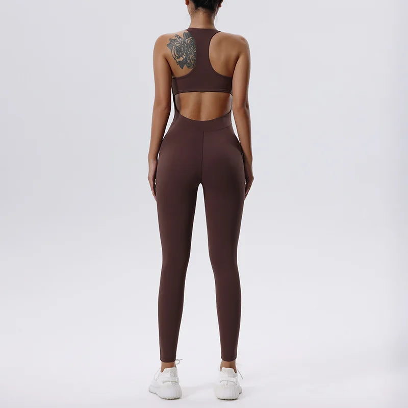 Women's Sleeveless Nylon Blend Workout Jumpsuit with Scoop Neck and Fitted Legs