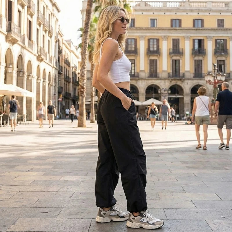 Women's Parachute Cargo Pants with Drawstring Waist and Adjustable Cuffs