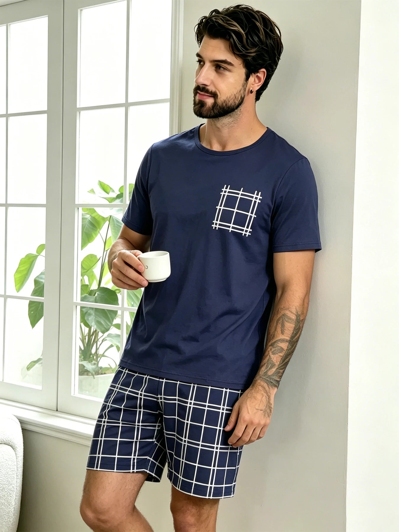 Men's Bear Print T Shirt and Shorts Pajama Set