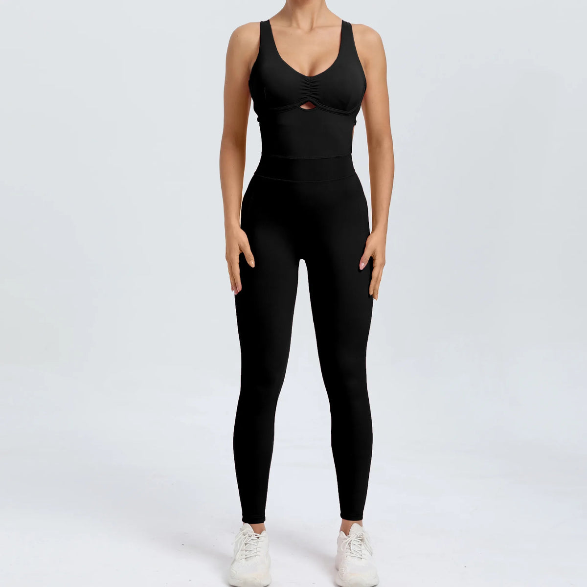 Women's Sleeveless Nylon Blend Workout Jumpsuit with Front Keyhole and Fitted Legs