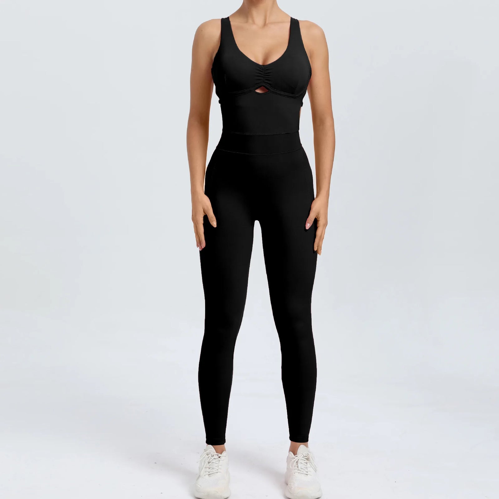 Women's Sleeveless Nylon Blend Workout Jumpsuit with Front Keyhole and Fitted Legs