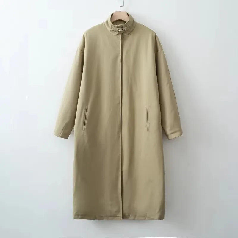Women's Long Stand Collar Front Opening Coat for Layered Outfits