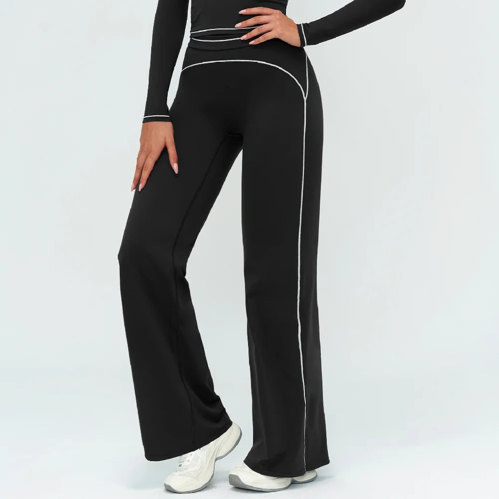 Women's High Waist Flared Workout Pants with Curved Contrast Seam Details