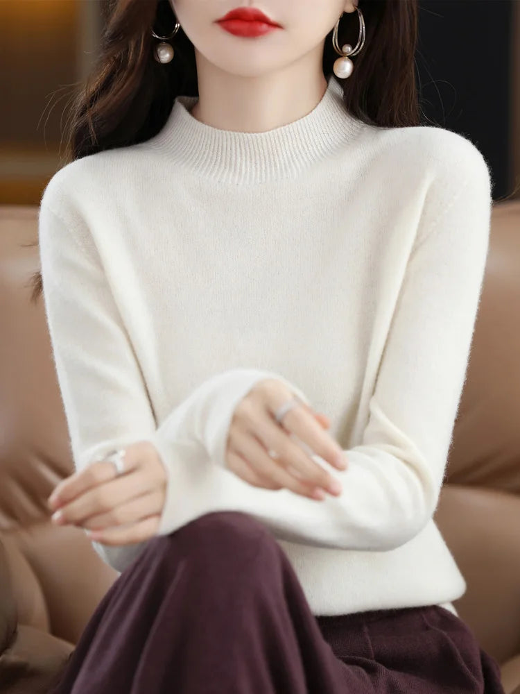 Women's Plain Mock Neck Long Sleeve Sweater Casual Knit Layer