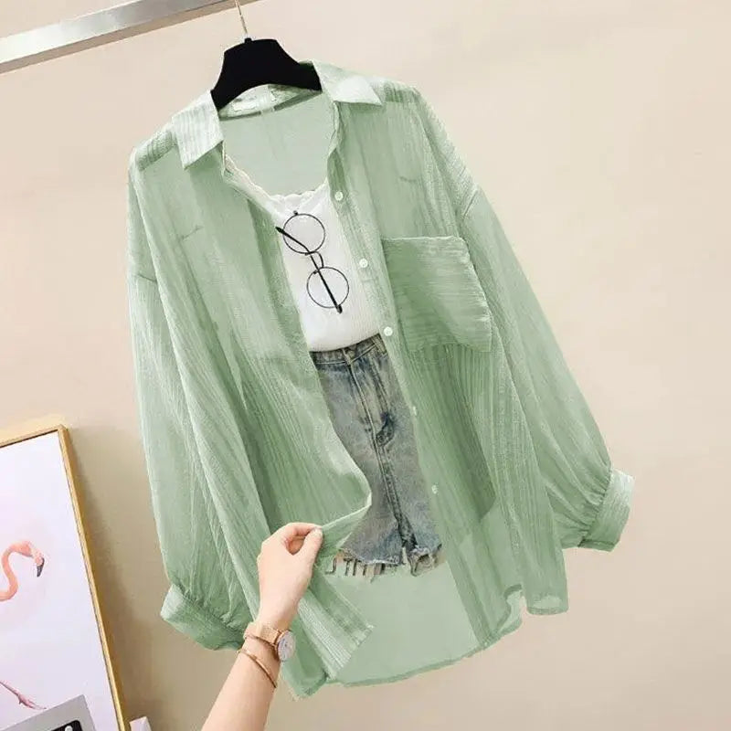 Women's Sheer Collared Long Sleeve Button Front Shirt