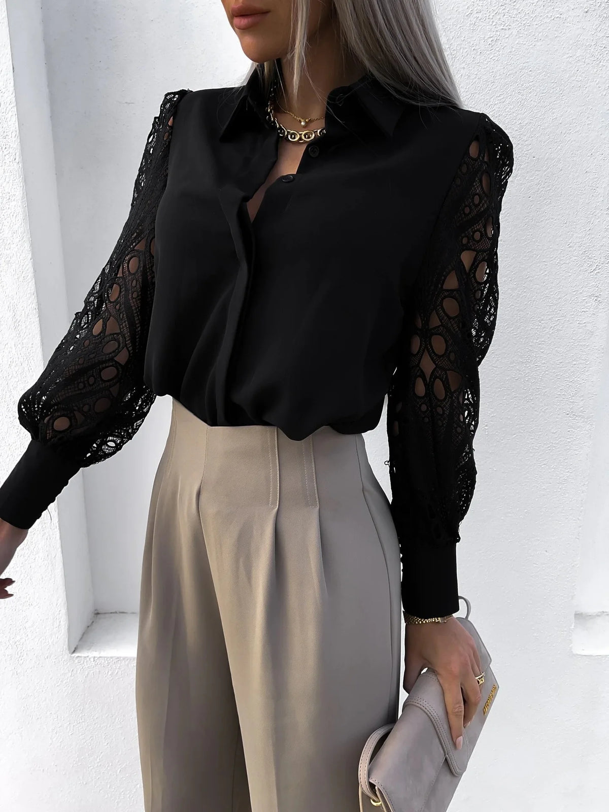 Women's Lace Panel Long Sleeve Button Front Blouse