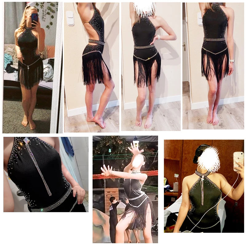 High Collar Rhinestone Fringe Latin Dance Dress with Custom Size Options