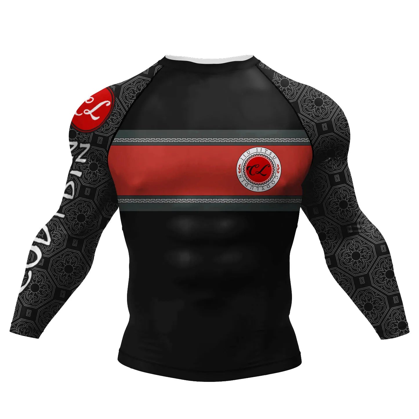 Tattoo Graphic Long Sleeve Mock Neck Fitted Rash Guard