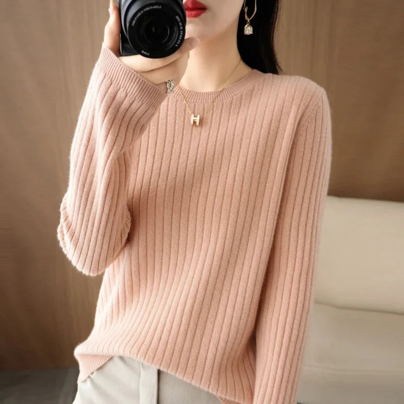 Women's Ribbed Crew Neck Long Sleeve Sweater Casual Knit Layer