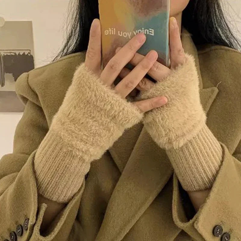 Plush Fingerless Gloves with Ribbed Knit Wrist Cuffs
