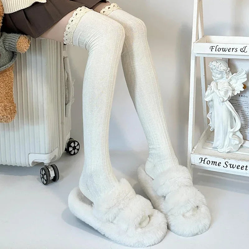 Lace Cuff Thigh High Socks with Solid Knit Body