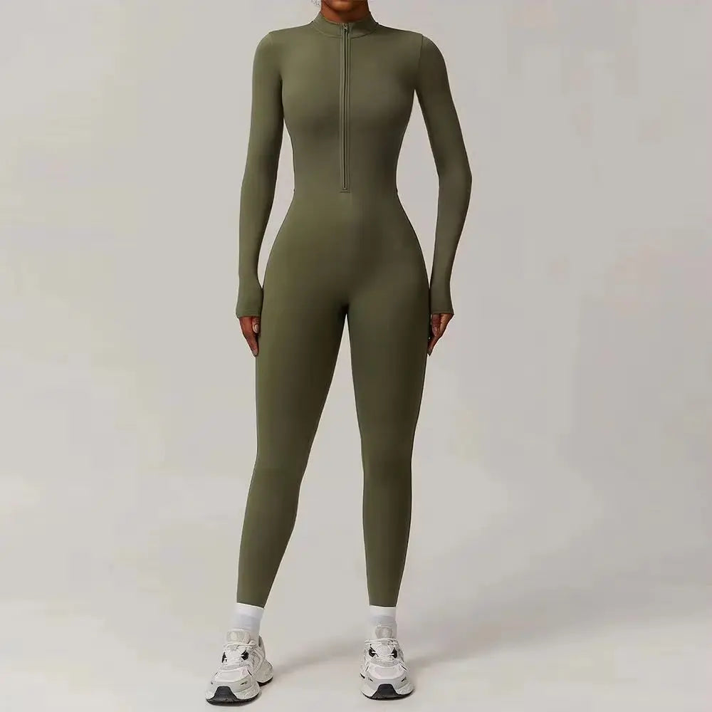 Women's Long Sleeve Nylon Blend Workout Jumpsuit with Front Zipper and Collar