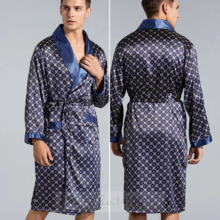 Men's Patterned Satin Long Sleeve Tie Waist Bathrobe with Pockets