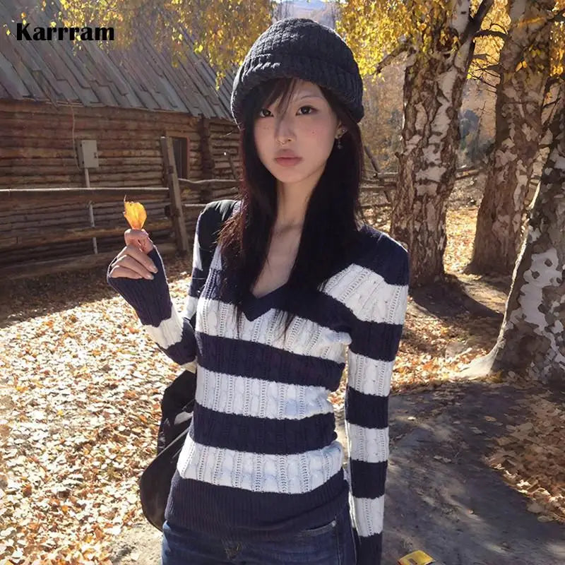 Women's Striped V Neck Long Sleeve Sweater Casual Knit Layer