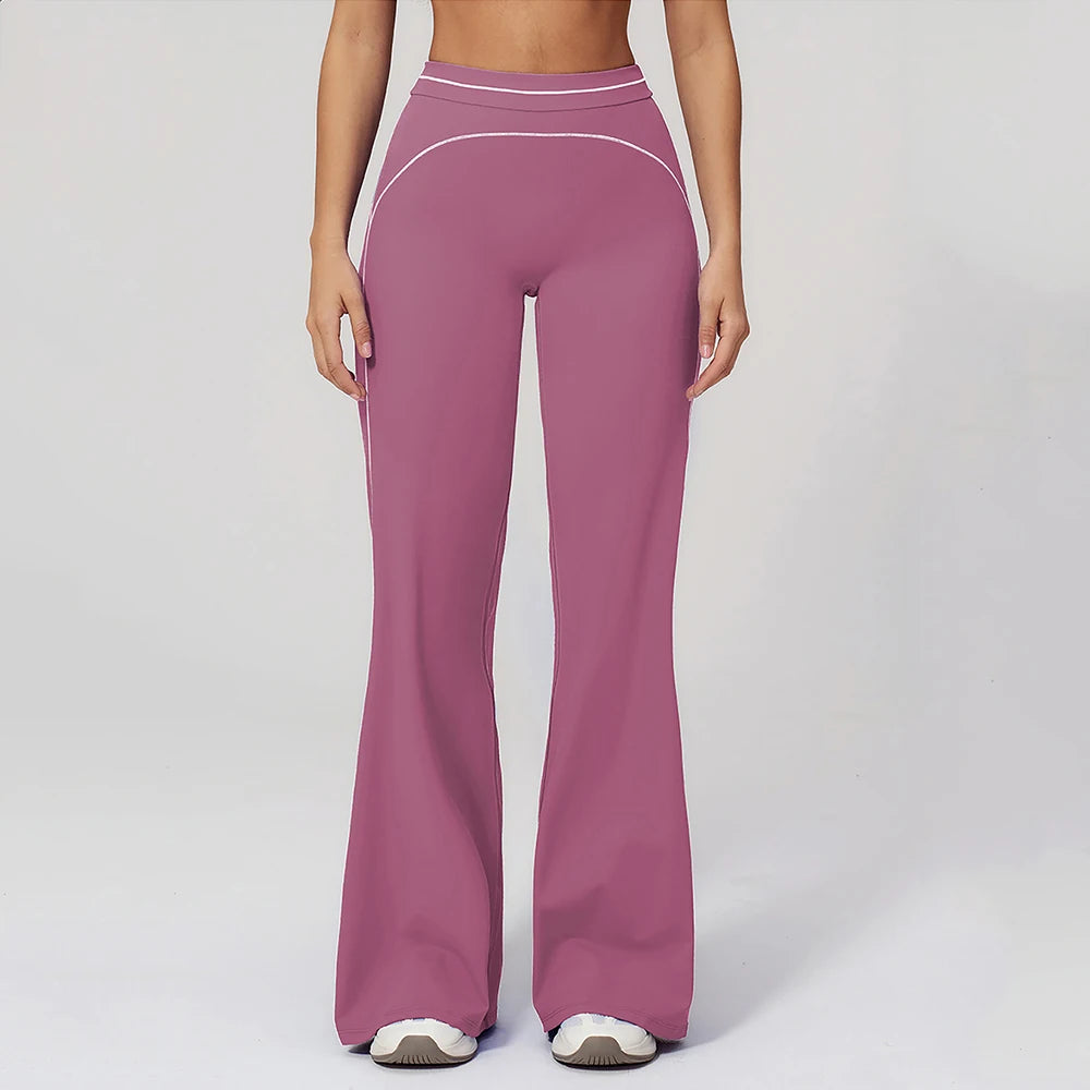 Women's High Waist Flared Workout Pants with Curved Contrast Seam Details