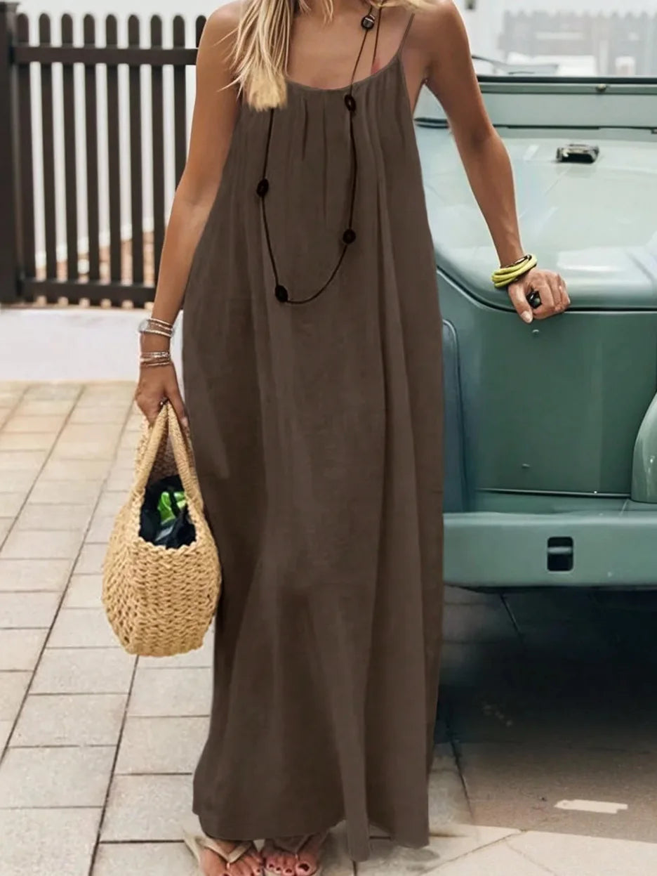 Women's Loose V Neck Spaghetti Strap Maxi Dress For Casual Outfits