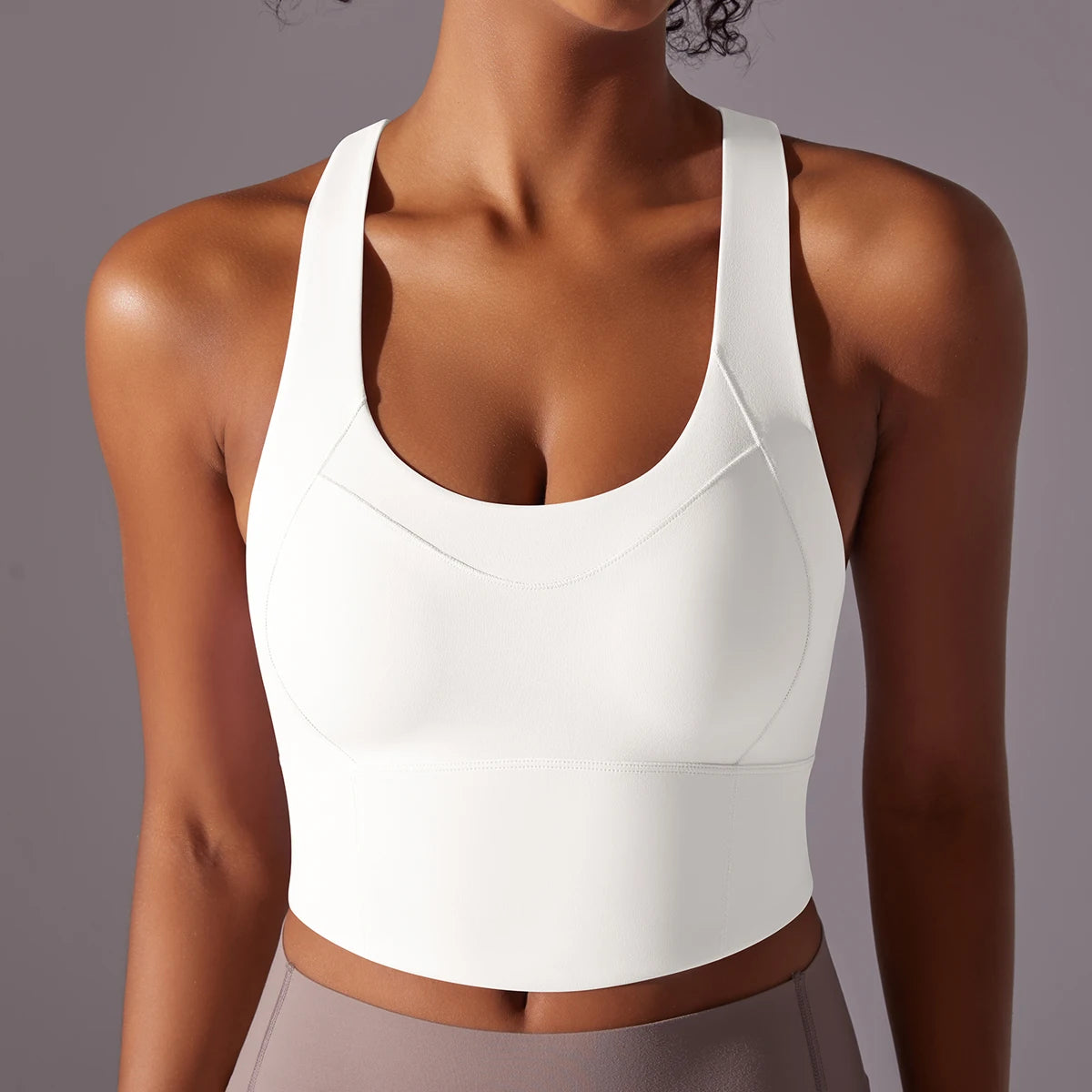 Women's Cross Back Nylon Blend Longline Sports Bra with Scoop Neck