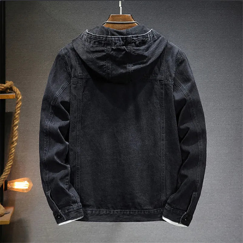 Men's Hooded Button-Front Denim Jacket with Pockets
