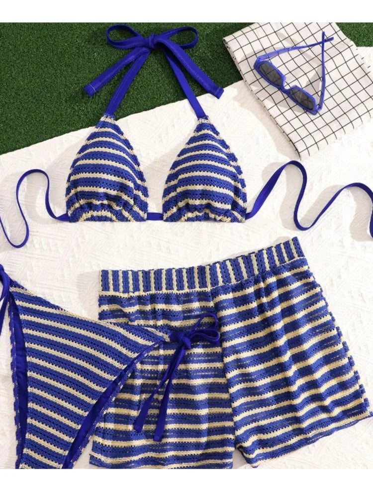 Women's Striped Triangle Bikini with Matching Swim Shorts