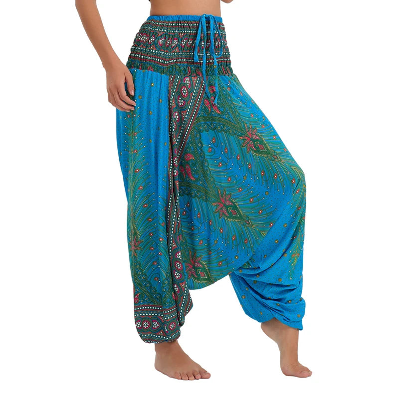 Women's Printed Rayon Harem Pants with Elastic Waist and Convertible Styling
