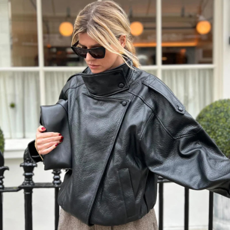 Women's Cropped Leather-Look Zip-Front Jacket