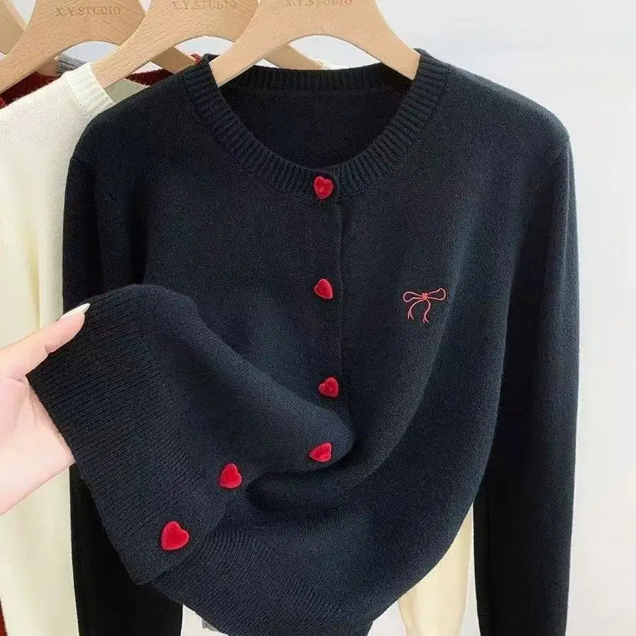 Women's Bow Embroidered Crew Neck Button Front Cardigan