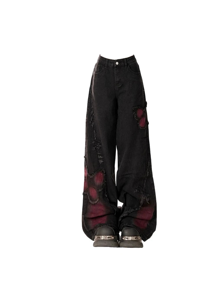 Women's Black Butterfly Graphic Wide Leg Denim Jeans