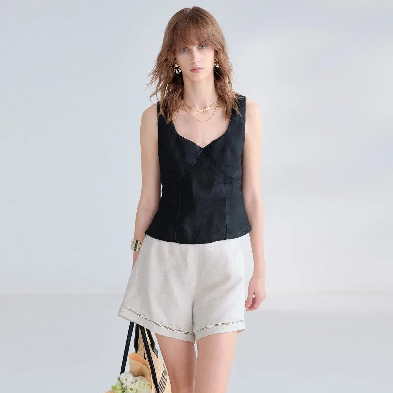 Women's Linen Sleeveless V-Neck Cropped Tank Top with Zipper Detail for Summer