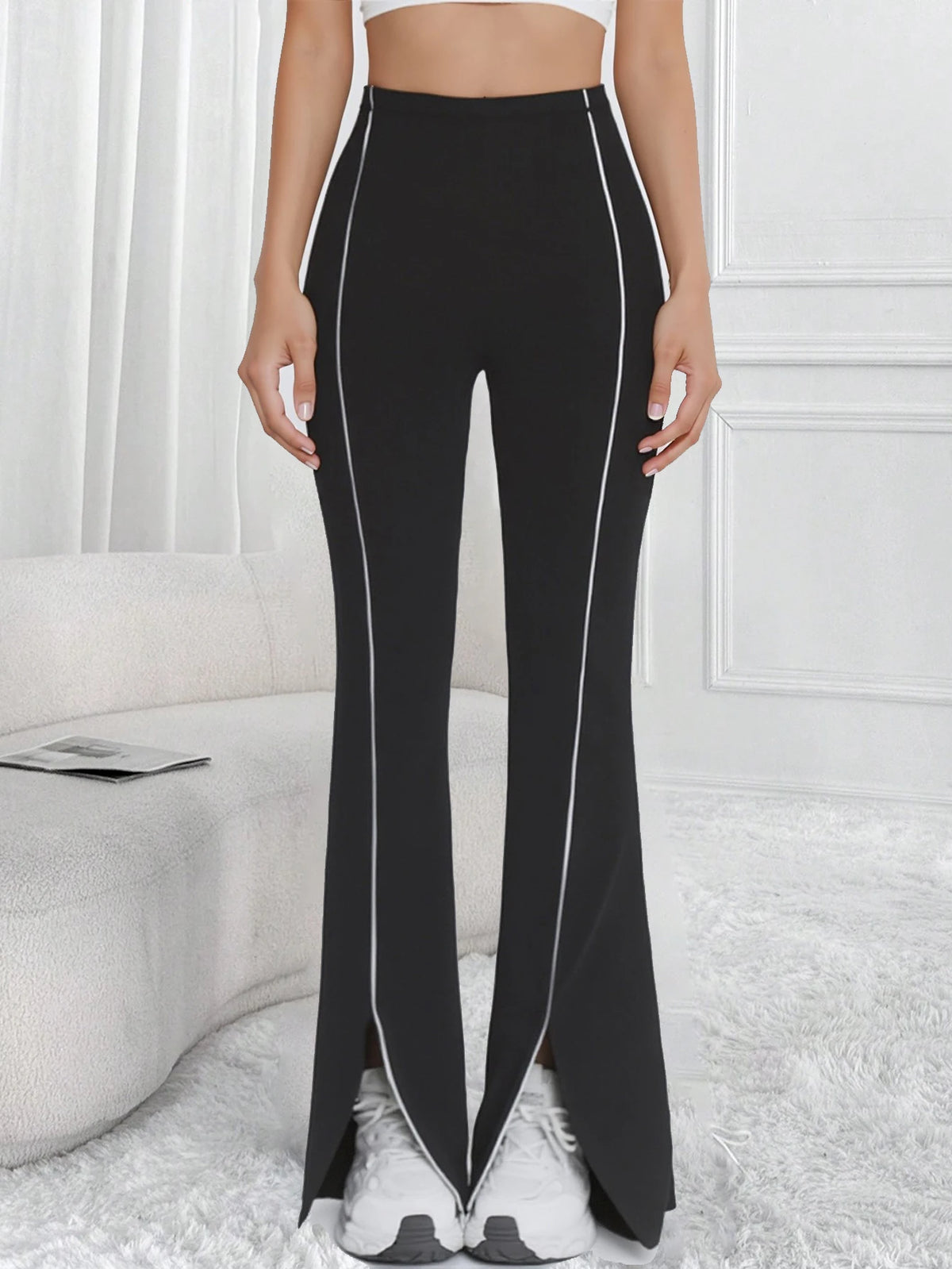 Women's High Waist Polyester Blend Flared Pants with White Contrast Piping
