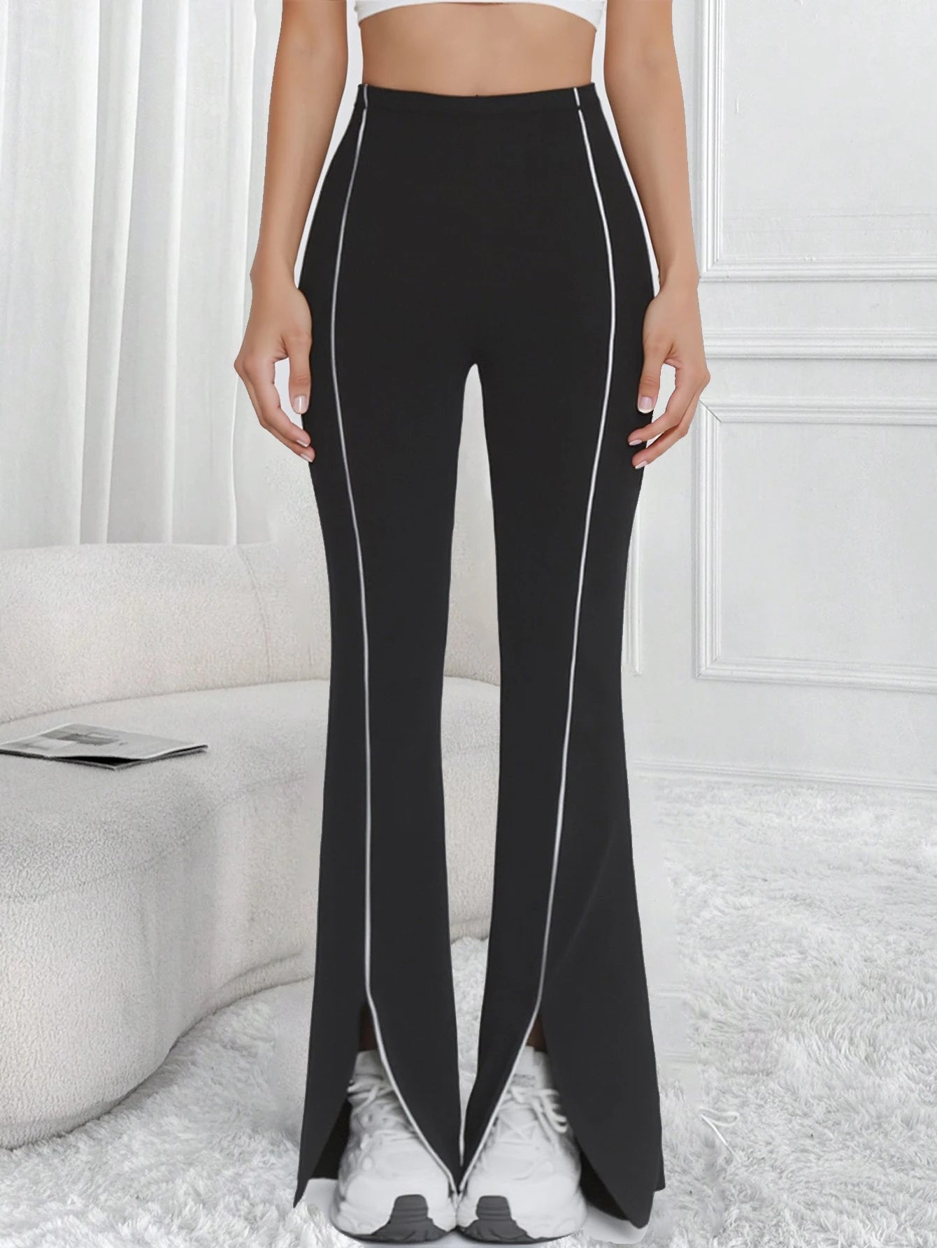 Women's High Waist Polyester Blend Flared Pants with White Contrast Piping