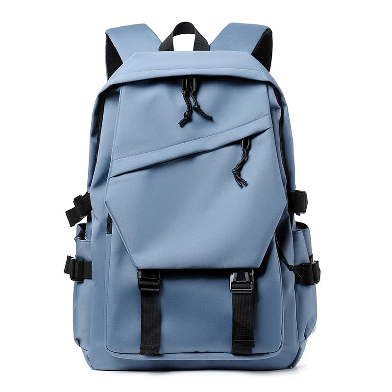 Plain Laptop Backpack with Front Pockets and Side Buckle Strap Details