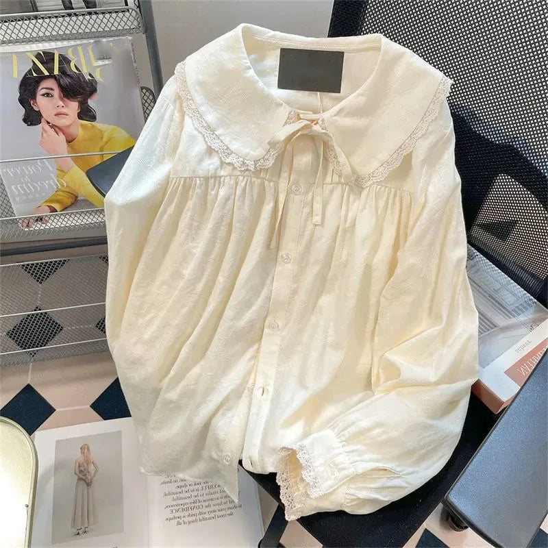 Women's Lace Detail Peter Pan Collar Long Sleeve Shirt