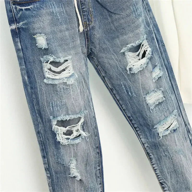 Women's Drawstring Cropped Cuffed Distressed Denim Jeans For Everyday Outfits