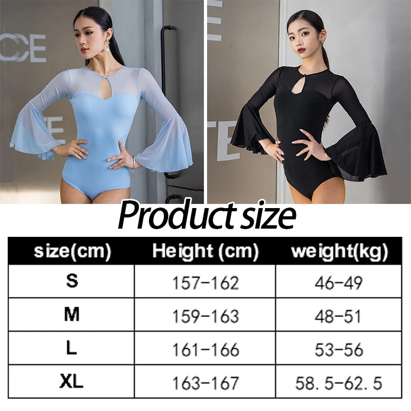 Women's Latin Dance Leotard with Flared Mesh Sleeves and Keyhole Neckline