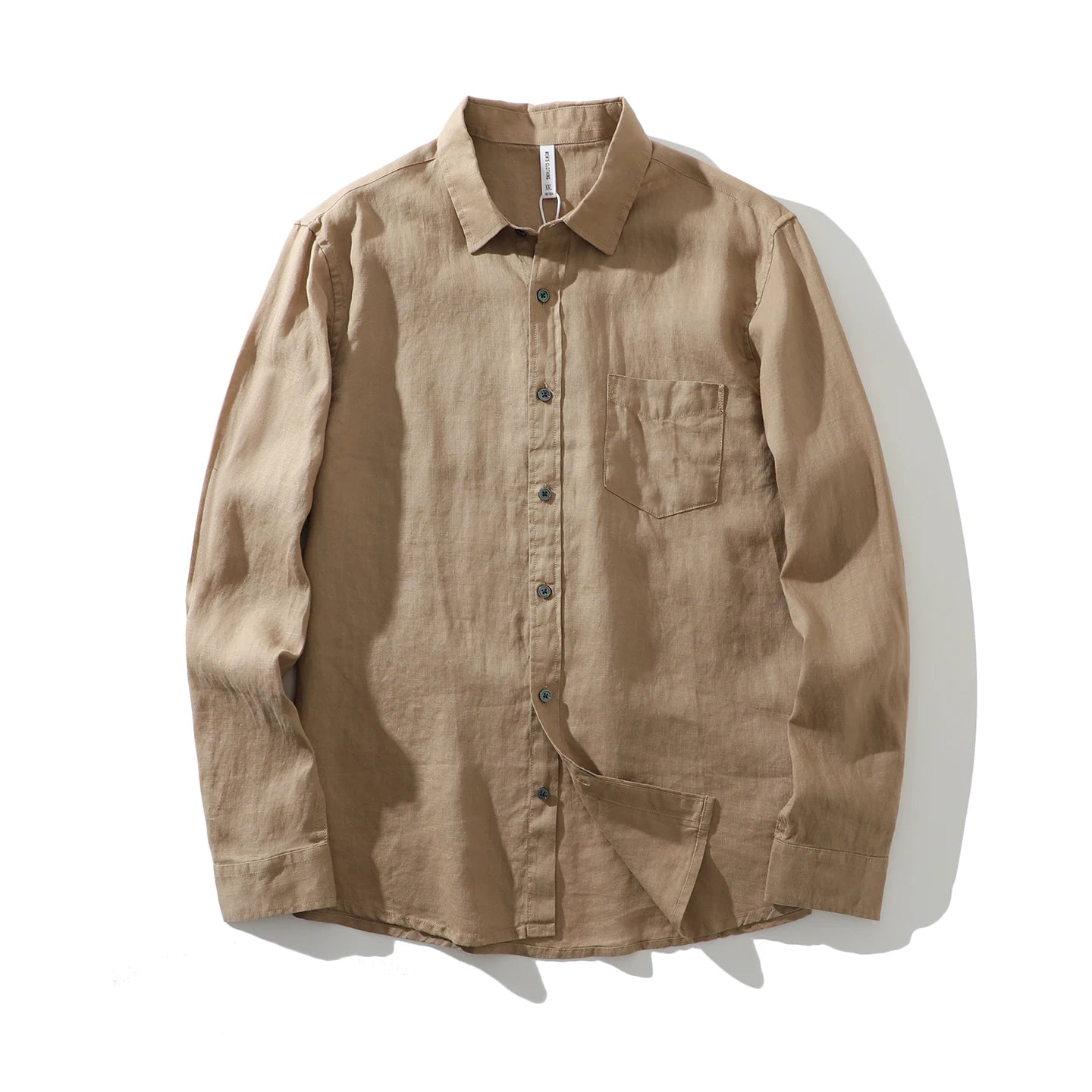 Men's Linen Long-Sleeve Collared Button-Up Shirt with Chest Pocket for Casual Outfits