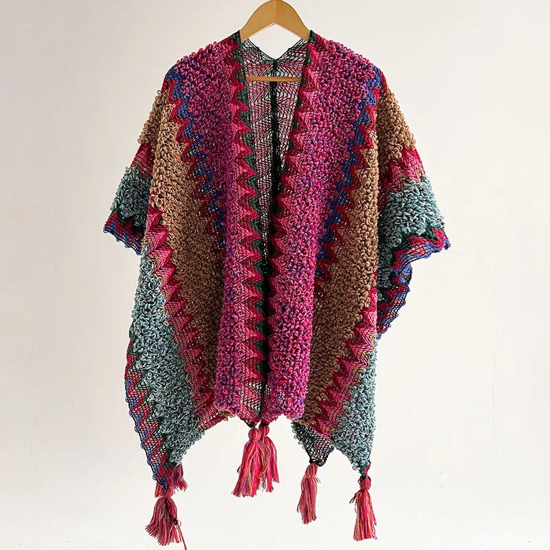 Zigzag Knit Tassel Poncho for Layering over Outfits