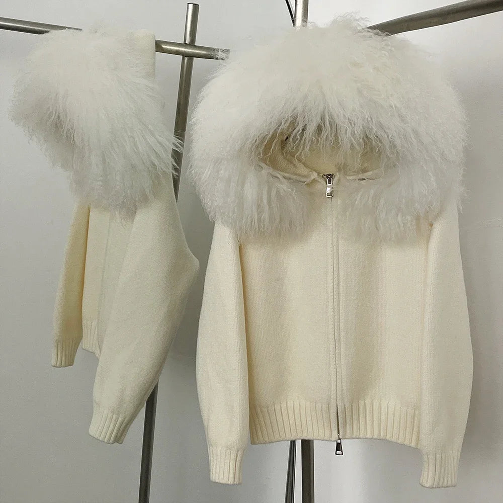 Women's Hooded Zip Front Fluffy Trim Jacket Casual Knit Layer