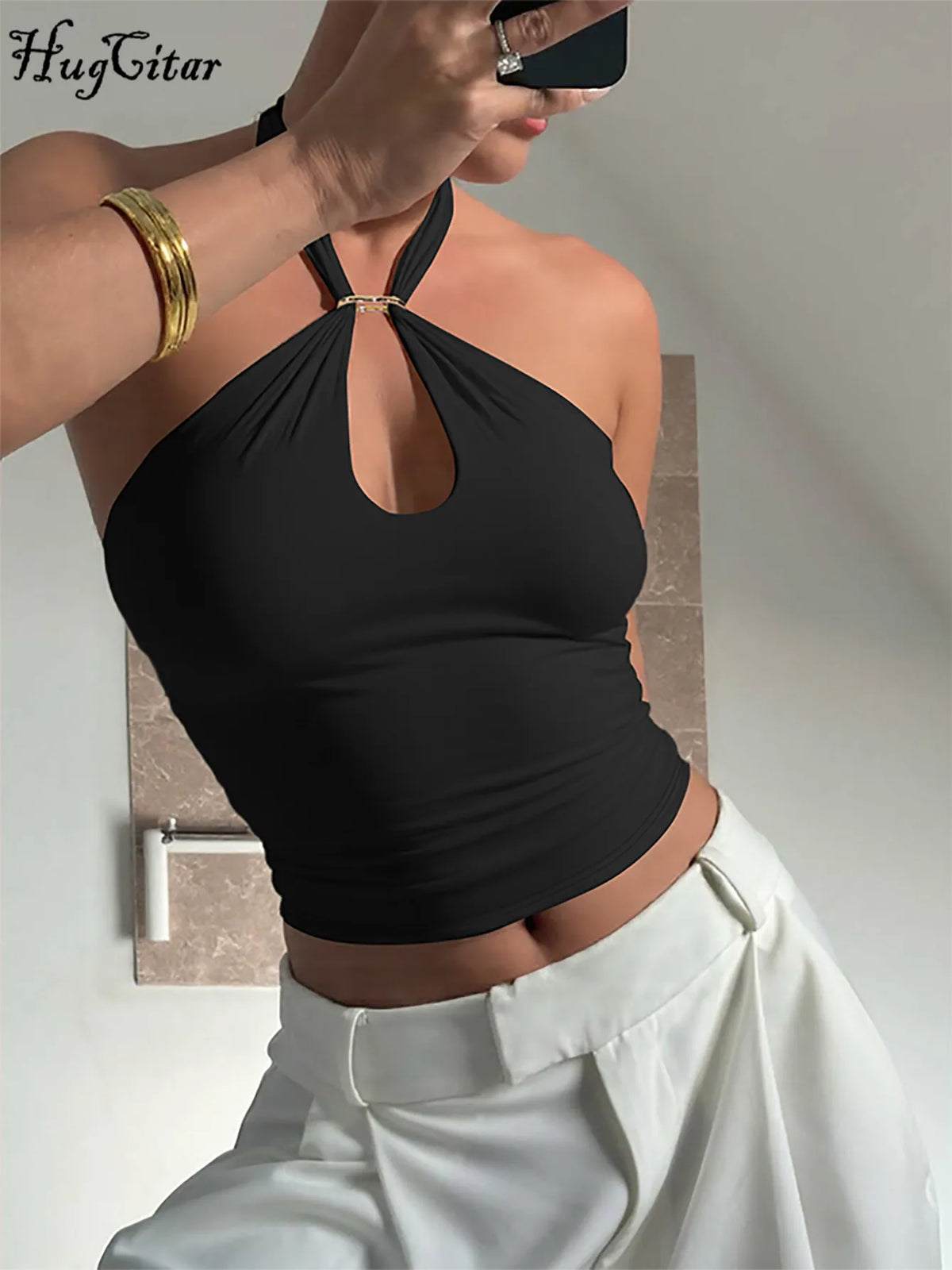 Women's Ring Keyhole Polyester Blend Halter Crop Top with Open Back