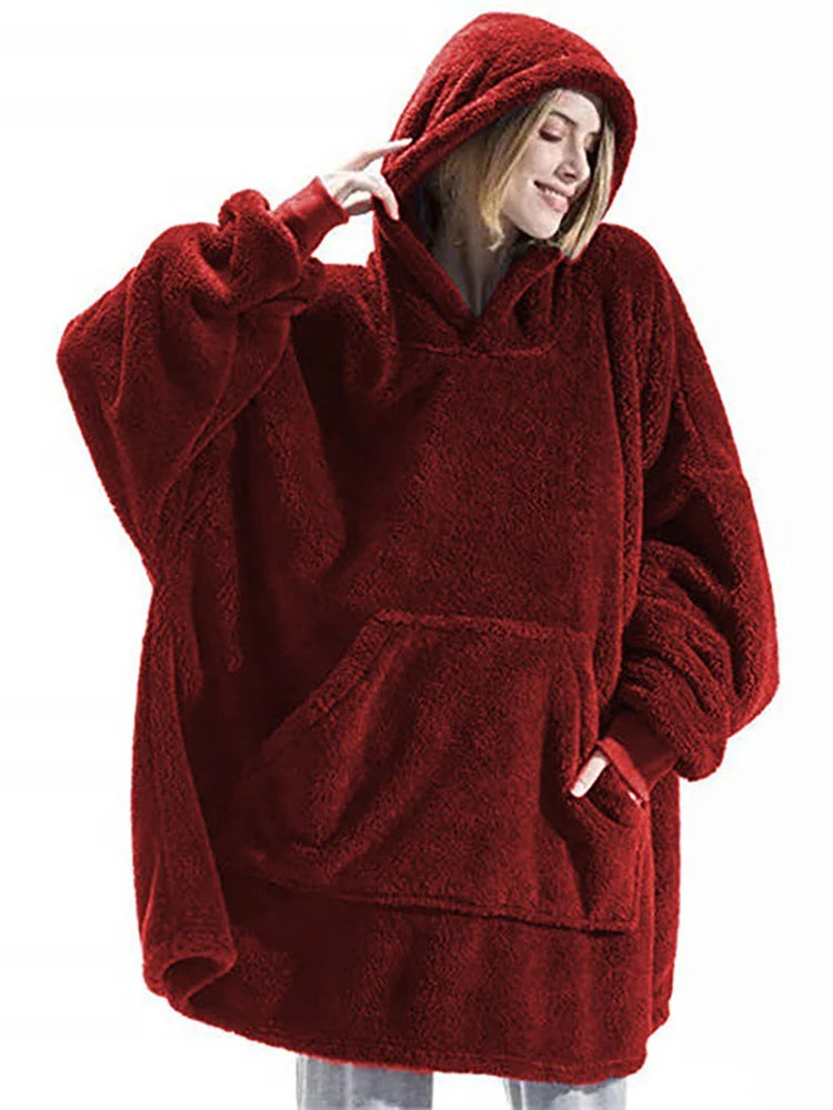Oversized Fleece Blanket Hoodie with Long Sleeves and Front Pocket