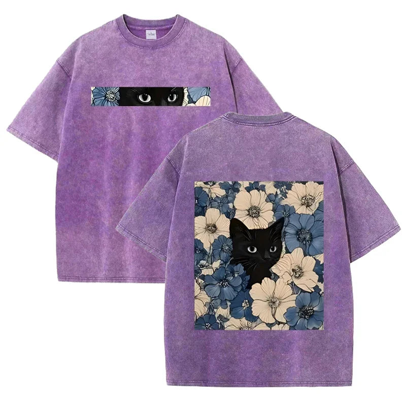 Vintage Washed Black Cat Floral T Shirt Double Sided Print Streetwear Casual Tee