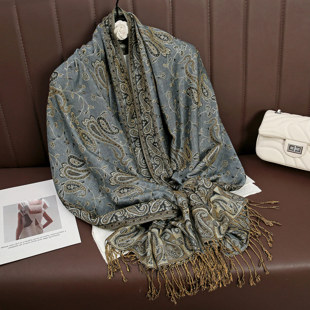 Paisley Floral Print Long Scarf with Fringed Ends