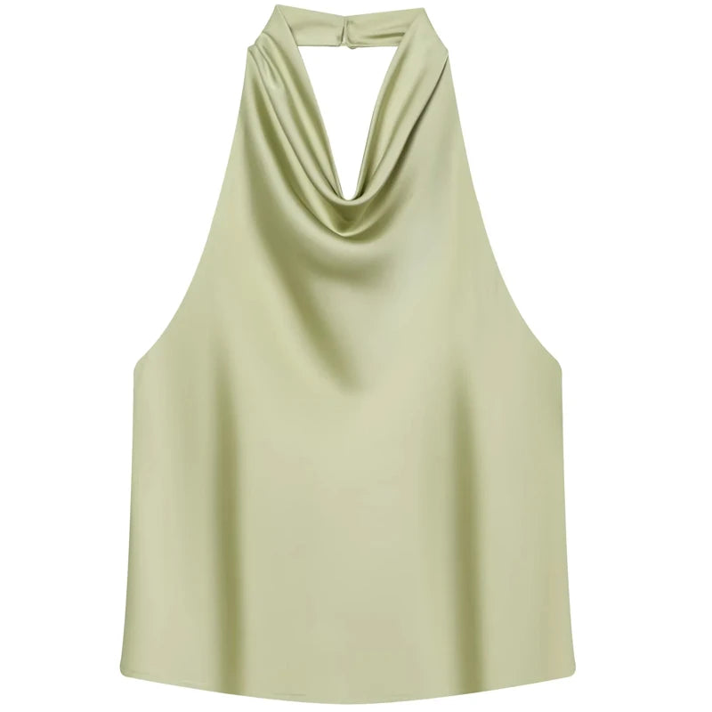 Women's Satin Polyester Halter Camisole with a Draped Front and Open Back