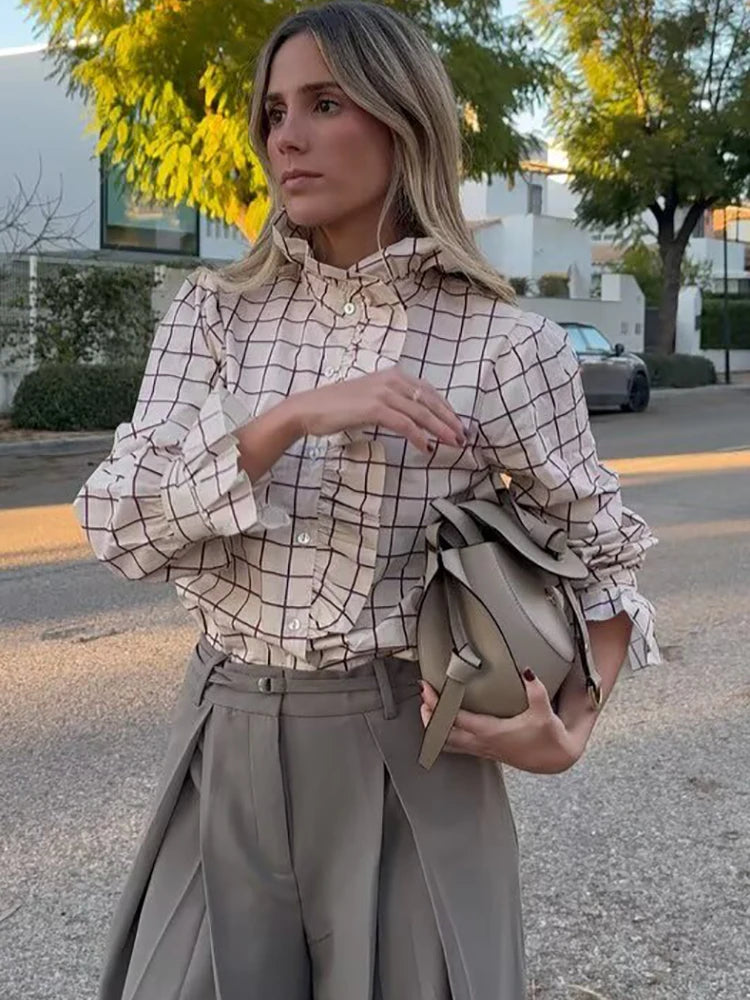 Women's Ruffled Stand Collar Long Sleeve Patterned Shirt
