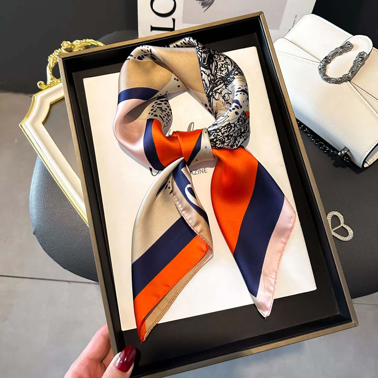 Chain Print Square Scarf with Decorative Border Designs